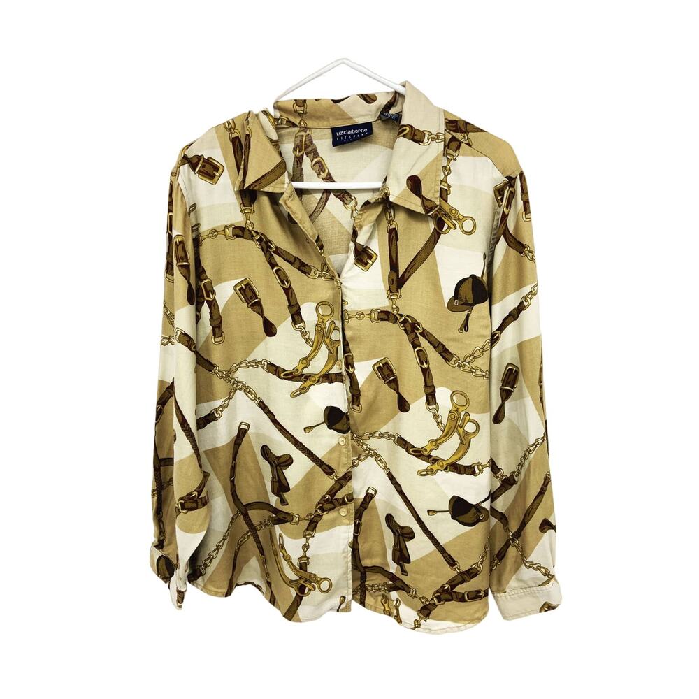 Vtg Liz Claiborne Sport Overprinted Luxury Gold Chains Button Down Shirt Sz PL